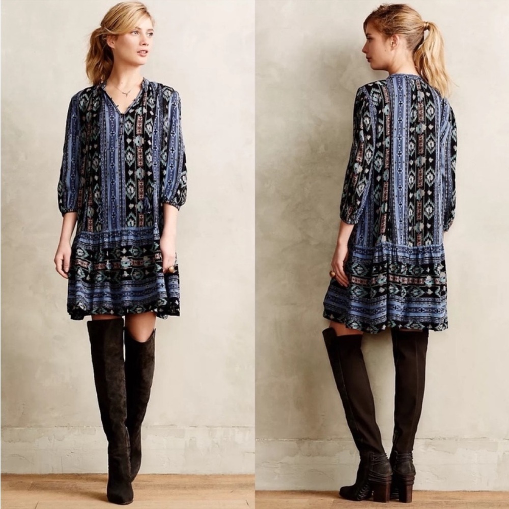 Anthropologie Holding Horses Winter Moon Tunic Dress in Black and Blue NWT Sz XS